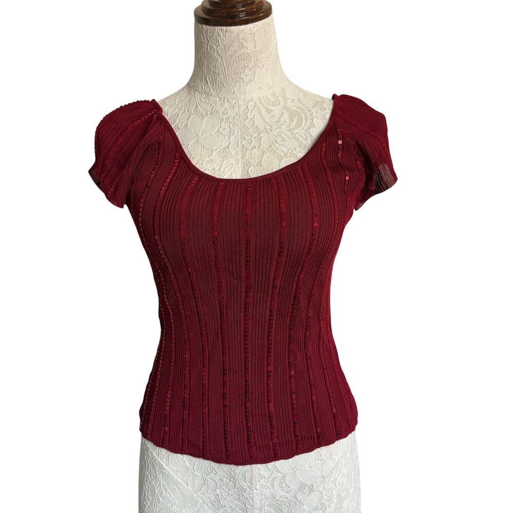 VTG Laundry Shelli Segal Burgundy Sequin Ribbed Knit Top M Y2K 90s ElevatedBasic - Picture 2 of 5